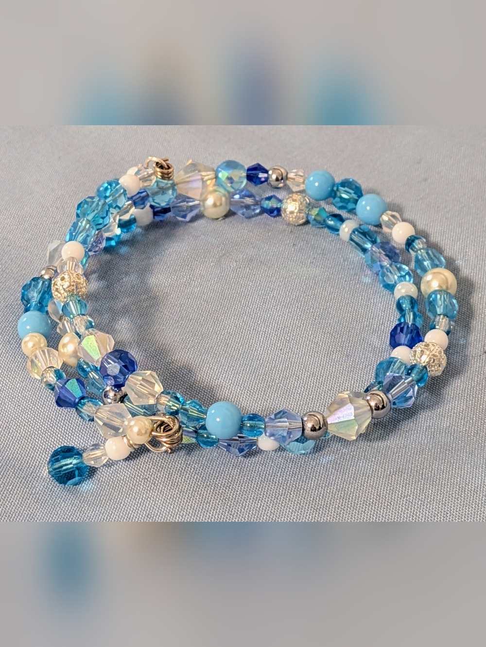 Air Element Inspired Memory Wire Bracelet with Blue, White and Clear Crystals